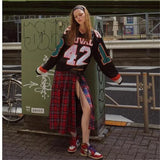 KYLETHOMASW  -  Sexy Plaid Patchwork Split Skirt Spicy Girl Belt A-Line Skirt High Waist Pleated Midi Skirts Women Y2k Harajuku Streetwear 135A