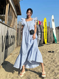KYLETHOMASW  -  Summer Korean White Long Dress Women Ruffles Sweet Square Neck Backless A-Line Dress New Elegant Casual Women Clothes P739