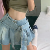 Kylethomasw   -  Denim Skirt Women's Summer Korean High Waist Slim Fit Skirt Y2K Belt Split Pleated Short Skirt