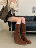 KYLETHOMASW  -  Brown Suede Boots Woman Round Toe Fall Winter Gothic Shoes Fashion Chunky Heels Knee High Boots Western Style Ladies Shoes