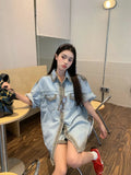 KYLETHOMASW  -  Casual Denim Suit Women's Summer Turn-down Collar Short-sleeved Shirt High Waisted Shorts Two-piece Set Fashion Female Clothes