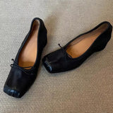 KYLETHOMASW  -  Square Toe wrinkled Mary Jane Shoes Soft Leather Round Heel Ballerina Shoes For Women Slip On with Bowknot French Retro Pumps