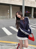 KYLTHOMASW  -  Sporty Chic Striped Oversized T-shirt with Bow Black Long Sleeve Tee Shirt Women Korean Fashion Kpop Lace Patchwork Tops