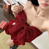 KYLETHOMASW  -  Summer Sexy Christmas Hot Girl Bow Strapless Slimming Crop Top Tube Top Shorts Set Spicy Girls Two Piece Sets Women Outfits