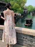 KYLETHOMASW  -  Vintage Butterfly Print Party Pleated Long Dress for Women Summer Elegant Sexy Club Beige Backless Bandage Slip Vestidos Robe