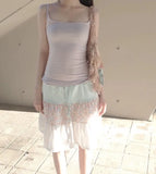 KYLETHOMASW  -  Japanese Floral Print Sweet Knee Length Skirt Women Summer High Waist Lace Up Contrast Color Patchwork Fold A-line Skirt