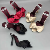 KYLETHOMASW  -  Street Style Satin Butterfly-knot High Heels Women Slippers Elegant Banquet Party Dress Slide Summer Outdoor Vacation Shoes 5214