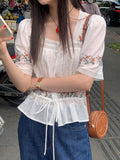 KYLETHOMASW  -  Korean Chic Summer French Ethnic Embroidery Flower Pleat Drawstring Waist Cinching Slim Versatile Short Sleeved Shirt