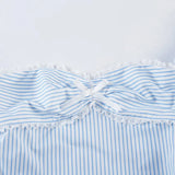 KYLETHOMASW  -  French Casual Suit Women's Summer Blue Striped Off Shoulder Top Low Waist Shorts Two-piece Set Fashion Female Clothes