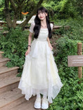 KYLETHOMASW  -  Summer Short Sleeve Chiffon Fairy Style Irregular Tierred Dress for Women Korean Cute Slim Fit Temperament Elegant Dress