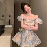 KYLETHOMASW  -  French Style Jacquard One Shoulder Puff Sleeve Dress For Women Summer 2024 Fashion Elegant Party Dress A-line Tutu Short Dresses