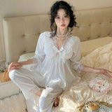 KYLETHOMASW  -  Spring Autumn New Sexy Women Pajamas Pure Desire Wind Ice Silk Lace Lace Bow Mesh Pajama Home Set