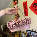 KYLETHOMASW  -  3d Flower Sac Femme Pearl Beads Hand Bags for Woman Square Bolsos Mujer Portable Tote Bag Elegant Fashion Bolsas Satin Bolsa