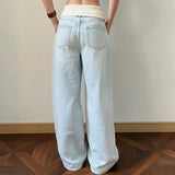 KYLETHOMASW  -  Light Blue Woman' Straight-leg Pants Casual Style Denim Pants Retro Spice Girls Trousers High Waist Solid Color Jeans