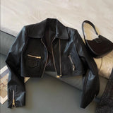KYLETHOMASW  -  Vintage Cropped Pu Leather Jacket Women Streetwear Black Motorcycle Coat Fall Winter Long Sleeve Zipper Chic Outerwear New