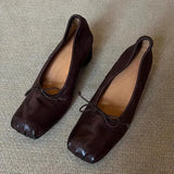 KYLETHOMASW  -  Square Toe wrinkled Mary Jane Shoes Soft Leather Round Heel Ballerina Shoes For Women Slip On with Bowknot French Retro Pumps