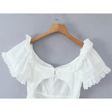 KYLETHOMASW  -  Pretty Girl Holiday Summer Dresses Women O Neck Short Sleeve A-line Mini Hollow Out Embroidery White  Dress Backless Robe