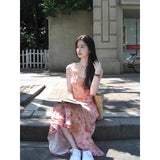 KYLETHOMASW  -  French Style Dresses Sweet Sexy V-neck Printed Off Shoulder Dress Hot Girls A-line Mid-Length Skirt Vintage Female Clothing