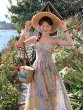 KYLETHOMASW  -  Women's Summer Long Princess Dress Butterfly Strap High Waist Oil Painting Floral Fairycore A-line Midi Sundress Female