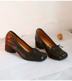 KYLETHOMASW  -  Retro Square toe folding Bowknot Soft Leather Women Pumps Ballet Style Thick High heels Casual Chunky Loafer Shoes