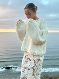 KYLETHOMASW  -  Cream Chunky Knit Loose Sweater Bow Tie Backless Lantern Sleeve 2025 Autumn Fashion Sweet Lady Top Holiday Elegant Chic Cardigan