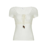 KYLETHOMASW  -  Drawstring square neck short sleeved T-shirt with women's lace patchwork design, high waist slim fit and slimming knit top