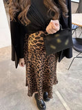 Kylethomasw  Summer Female Satin Leopard Print Midi Skirt Vintage High Waist  A-line Long Skirts Female Elegant Slim Skirt Streetwear