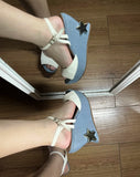 KYLETHOMASW  -  Summer Casual Style Women's Platform Wedge Peep-Toe Sandals White Snake-Embossed Upper Silver Star Accent Retro Sandals