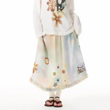 KYLETHOMASW  -  2025 Cat Print Contrasting Color Blending Spring Floral Mid Long Hem A-line Skirt Women Artistic Sweet Versatile Ins