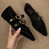 KYLETHOMASW  -  Fashion Rivets Pointed Toe Mary Jane Shoes Women High Quality Designer Double Belt Buckle Design British Style Casual Flat Shoes
