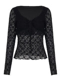 KYLETHOMASW  -  French Lace Patchwork V Neck Long Sleeve Slim Solid Y2k Streetwear Knitted T-Shirts