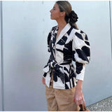 KYLETHOMASW  -  Elegant Flower Printed Women's Lace Up Shirt Chic Lapel V Neck Long Puff Sleeves Coat New Spring Lady Fashion Streetwear Shirts