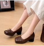 KYLETHOMASW  -  Retro Square toe folding Bowknot Soft Leather Women Pumps Ballet Style Thick High heels Casual Chunky Loafer Shoes