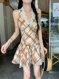 KYLETHOMASW  -  Sexy Halter Neck Lace Dress Women's Summer French Slim Fit Plaid A-line Short Dress Fashion Female Clothes