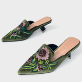 KYLETHOMASW  -  Embroidery Velour Shoes Woman Strange Heel Slippers Design Mules Femme Pointed Toe Wedges Tacones Slides Slip On Pantuflas Mujer