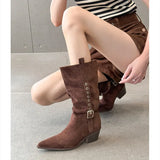 KYLETHOMASW  -  Fashion Faux Suede Rivet Strap Buckle Women Mid-calf Boots Autumn Winter Retro Chunky High heels Western Cowboy Punk Booties