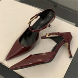 KYLETHOMASW  -  Sexy Patent Leather Pointed Toe Buckle Strap Slippers Women Fashion Thin Heels Wedding Dress Mule Shoes