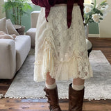 KYLTHOMASW  -  Low Waist Drawstring Pleated Casual Knee-length Skirt Women 2024 Spring New Korean Sexy Hollow Solid Color Lace A-line Skirt