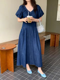 KYLETHOMASW  -  Women Dress Korean Chic Summer Retro Temperament V-neck Pleated Waist Slim Double Pocket Bubble Sleeve Denim Vestidos