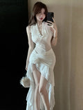 KYLETHOMASW  -  Women White V neck Sleeveless Elegant Sexy Wood Ear Edge Hanging Neck Dress 2024 Summer New Irregular Flower Dresses