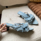 KYLETHOMASW  -  New In Summer Fashion Denim Pointed Toe Women Slippers Low Heel Shoes Beach Female Slides Sandals Slippers Shoes For Ladies