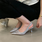 KYLETHOMASW  -  Fashion Stiletto Heeled Sandals Shining Rhinestone Slingback Pumps Mesh Pointed Toe High Heels Elegant Party Ladies Shoe