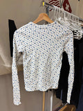KYLETHOMASW  -  Blue Floral Eyelet Long Sleeve T-shirts Woman Spring O-neck Cotton Slim Tee Tops Female Casual Sweet Preppy Style Tshirt New