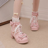 KYLETHOMASW  -   Women Lolita Ankle Short Boots Round Toe Kawaii Thick Mid Heels Zipper Bead Bow Lace-up Lady Cosplay Shoes Autumn Winter