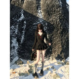KYLETHOMASW  -  Sweet Hot Girl Pure Sexy Suit Women's Autumn V-neck Knitted Top High Waist A-line Skirt Two-piece Set Fashion Female Clothes