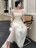 KYLETHOMASW  -  Summer Women Halter Midi Dress Elegant Female Chiffon Square Neck Party One Pieces Dresses French Solid New Vestidos Robe