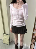 KYLETHOMASW  -  Lace Trim Pink Long Sleeve T-shirt Spring Sexy Bandage V-neck Cotton Slim Tshirt Top Casual Simple Sweet Cute Woman's Tees New