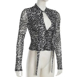 KYLETHOMASW  -  Printed irregular low cut scarf tie T-shirt pure desire style thin mesh top with breasted mesh