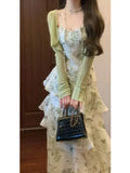 KYLETHOMASW  -  Elegant Floral Slim Waist Ruffles Camisole Cake Dress+ Summer Long Sleeve Cardigan Coat Women 2025 New Two Piece Sets