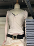 KYLETHOMASW  -  Lace Trim Pink Long Sleeve T-shirt Spring Sexy Bandage V-neck Cotton Slim Tshirt Top Casual Simple Sweet Cute Woman's Tees New